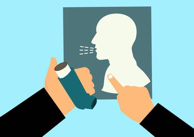 An illustration of hands holding an inhaler and pointing at a picture of someone breathing